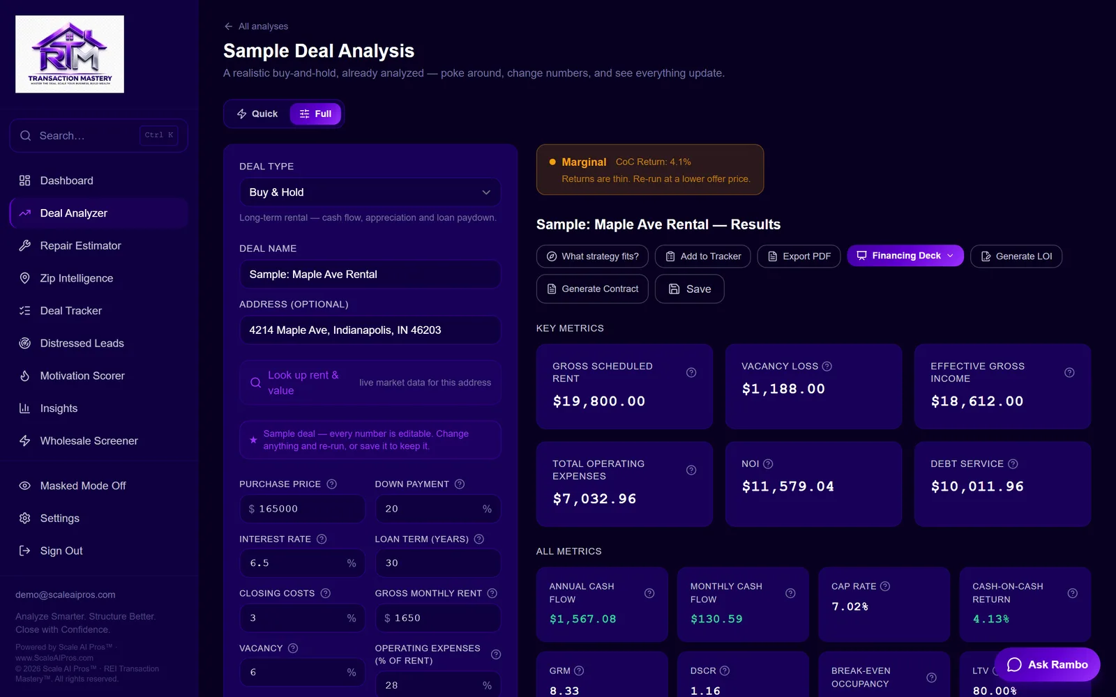 RTM Deal Master — a real buy-and-hold analysis with live cash flow, CoC, DSCR and cap rate